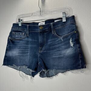 Frame Le Cut Off Azure Jean Shorts Raw Edge Frayed Hem Fading & Whiskering 28